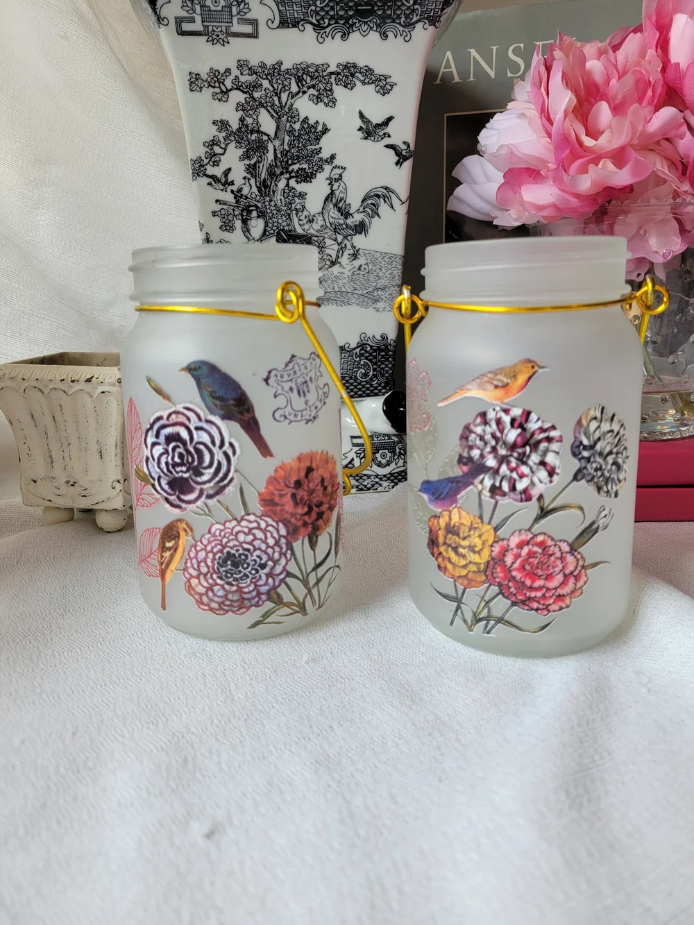 Frosted Glass Jar Fairy Light Holders with Flowers